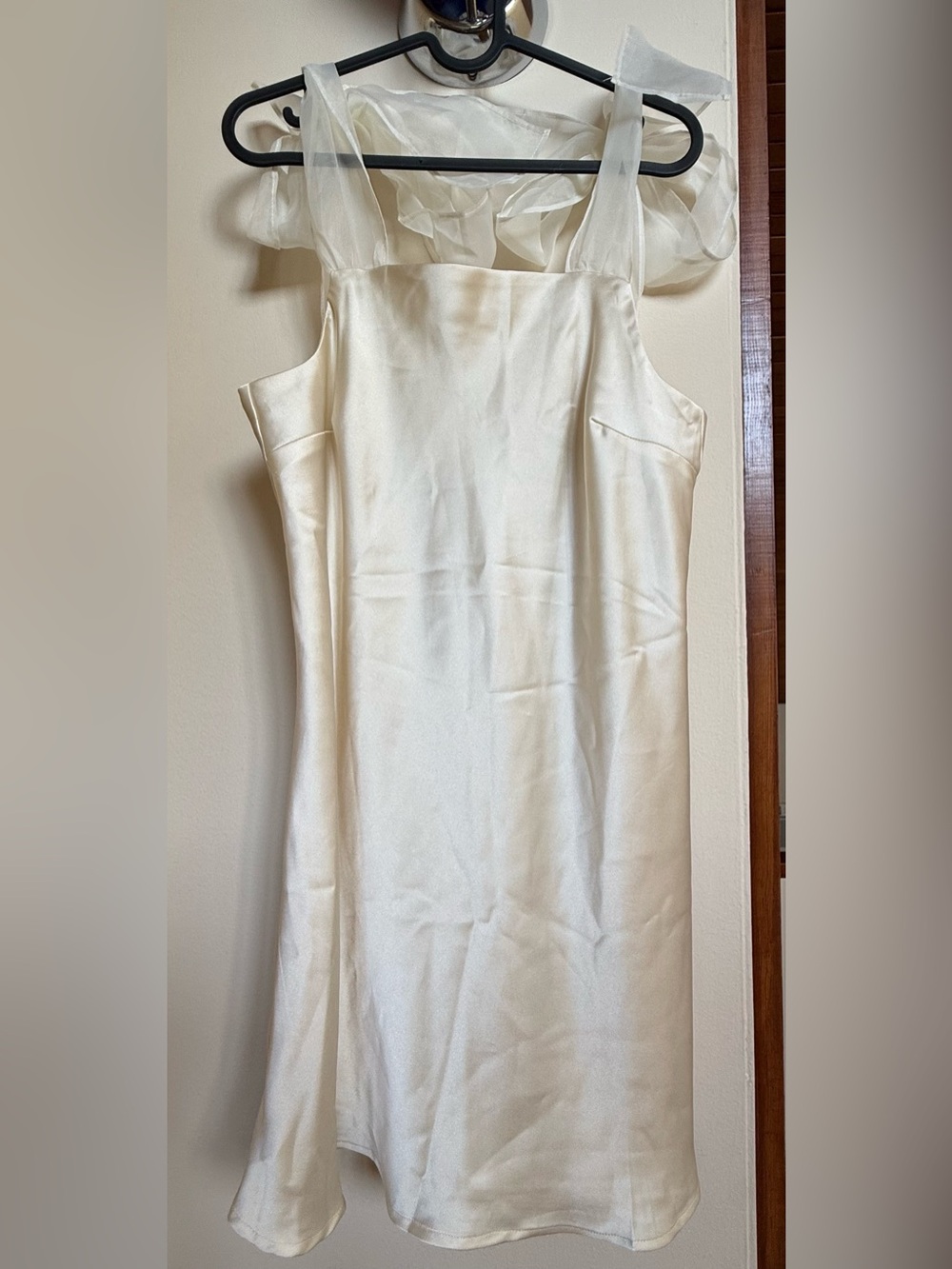 Ivory Satin Mini Dress with Sheer Bow Straps